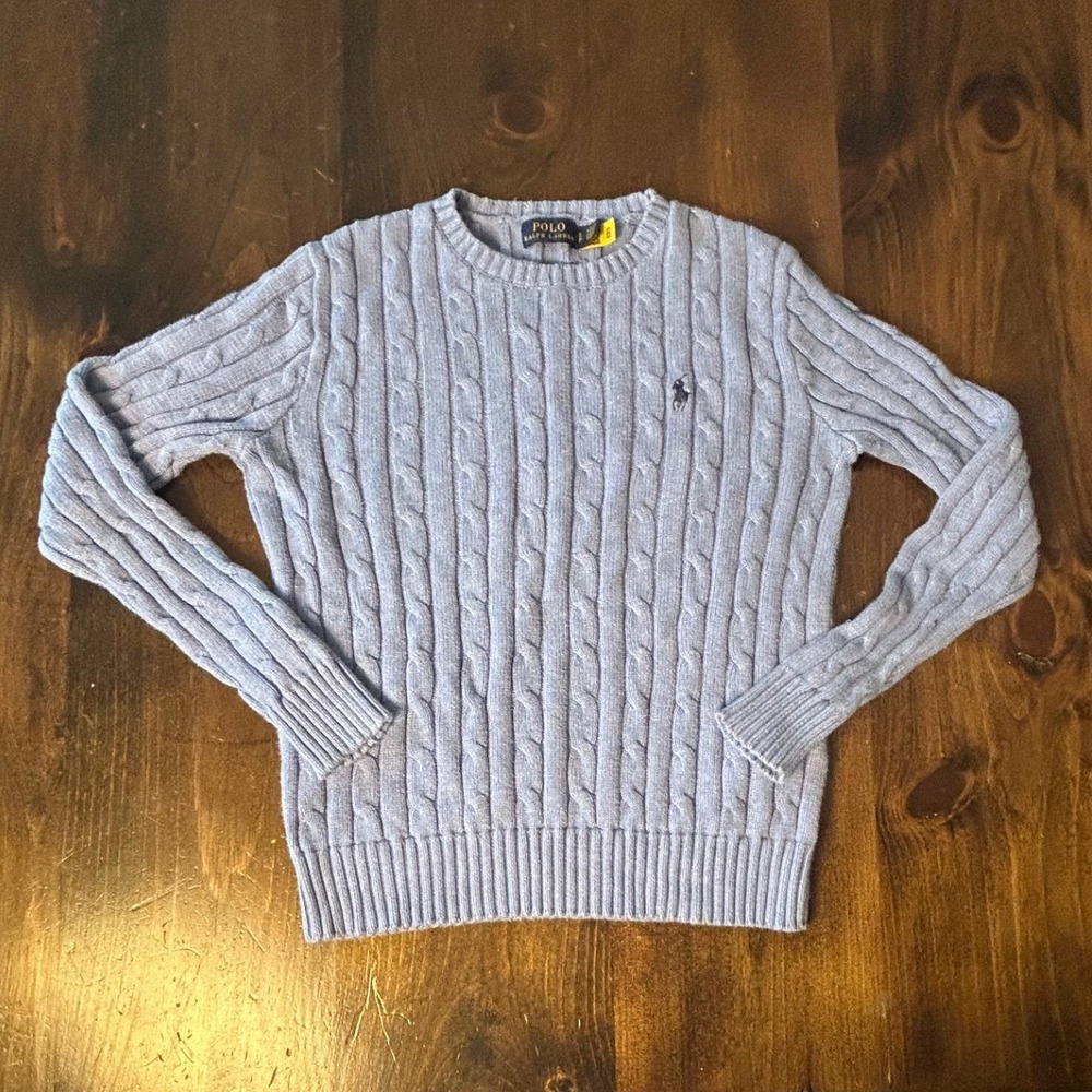 Polo Ralph Lauren Cable Knit Sweater Small Blue Cotton Crewneck Preppy Academic